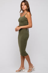 Olive Rib Knit Lace Up Back Midi Dress