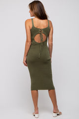 Olive Rib Knit Lace Up Back Midi Dress