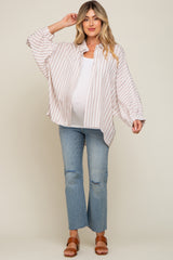 Taupe Striped Button Up Dolman Sleeve Maternity Top