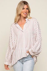 Taupe Striped Button Up Dolman Sleeve Maternity Top