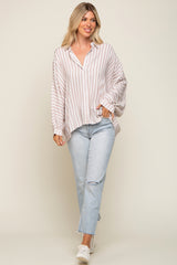 Taupe Striped Button Up Dolman Sleeve Top