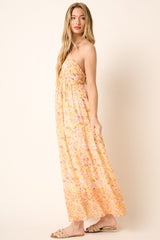 Orange Combo Flower Border Print Ruching Detail Maxi Dress