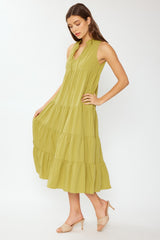 Green Tiered Linen Blend Solid Midi Dress