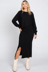 Black Knit Long Sleeve Crop Top Midi Skirt Set