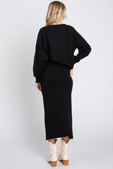 Black Knit Long Sleeve Crop Top Midi Skirt Set