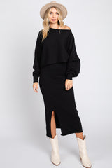 Black Knit Long Sleeve Crop Top Midi Skirt Set