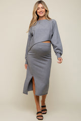 Grey Knit Long Sleeve Crop Top Maternity Midi Skirt Set