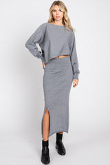 Grey Knit Long Sleeve Crop Top Midi Skirt Set