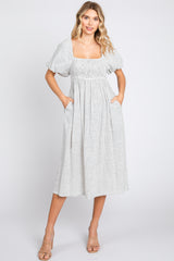 Ivory Striped Linen Smocked Short Puff Sleeve Maternity Midi Dress