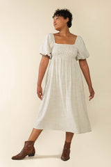 Ivory Striped Linen Smocked Short Puff Sleeve Maternity Plus Midi Dress