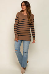 Mocha Striped Knit Long Sleeve Maternity Top