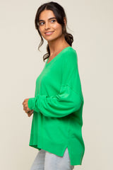 Green Knit V-Neck Long Sleeve Top