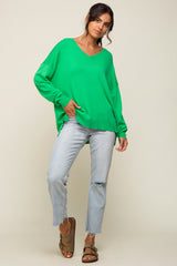 Green Knit V-Neck Long Sleeve Top