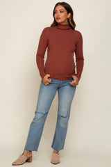 Camel Ribbed Fitted Long Sleeve Maternity Top