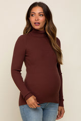 Brown Ribbed Fitted Long Sleeve Maternity Top