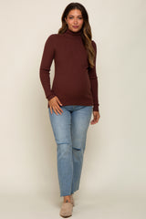 Brown Ribbed Fitted Long Sleeve Maternity Top