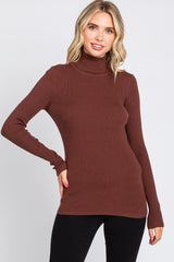 Brown Ribbed Fitted Long Sleeve Top