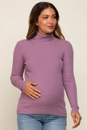 Lavender Ribbed Fitted Long Sleeve Mock Neck Maternity Top