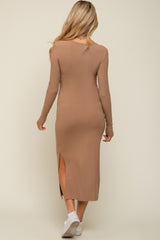 Mocha Ribbed Front Button Long Sleeve Maternity Midi Dress