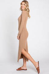 Mocha Ribbed Front Button Long Sleeve Midi Dress