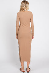 Mocha Ribbed Front Button Long Sleeve Midi Dress