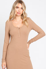 Mocha Ribbed Front Button Long Sleeve Midi Dress