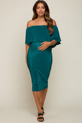 Forest Green Pleated Rib Off Shoulder Maternity Dress