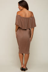 Mocha Pleated Rib Off Shoulder Maternity Dress