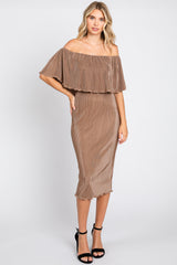 Mocha Pleated Rib Off Shoulder Dress