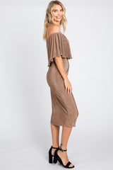 Mocha Pleated Rib Off Shoulder Dress