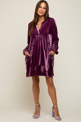 Plum V-Neck Velvet Maternity Dress