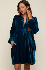 Teal V-Neck Velvet Maternity Dress