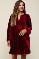 Burgundy V-Neck Velvet Maternity Dress