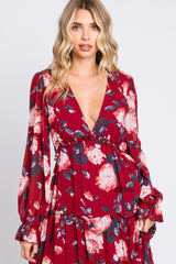 Burgundy Floral Chiffon V-Neck Lettuce Edge Tiered Maxi Dress