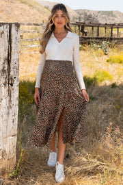 Olive Leaf Print Side Slit Maternity Midi Skirt