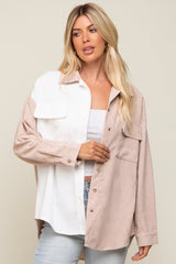 Beige Color Blocked Corduroy Button Down Maternity Top