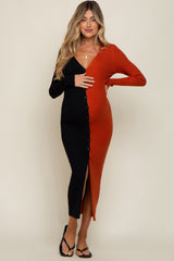 Black Rust Colorblock Ribbed Button Down Maternity Dress