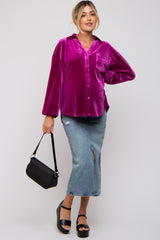 Magenta Velvet Button Front Collared Maternity Blouse