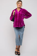 Magenta Velvet Button Front Collared Maternity Blouse