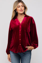 Burgundy Velvet Button Front Collared Maternity Blouse