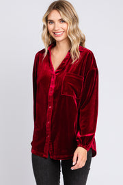 Burgundy Velvet Button Fron Collared Blouse