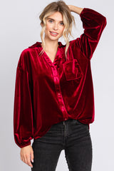 Burgundy Velvet Button Fron Collared Blouse