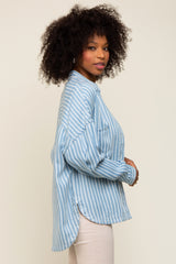 Light Blue Striped Front Pocket Button Up Top