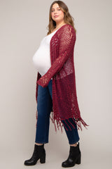 Burgundy Crochet Fringe Hem Maternity Plus Cardigan