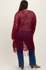 Burgundy Crochet Fringe Hem Plus Cardigan