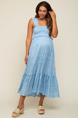 Light Blue Floral Sleeveless Smocked Ruffle Maternity Midi Dress