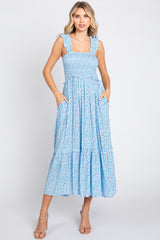 Light Blue Floral Sleeveless Smocked Ruffle Maternity Midi Dress