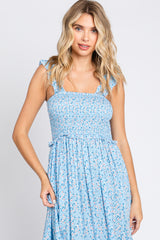 Light Blue Floral Sleeveless Smocked Ruffle Midi Dress