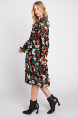 Black Floral Ruffle V-Neck Dress