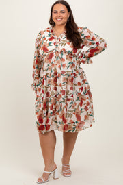 Ivory Floral Ruffle V-Neck Plus Dress